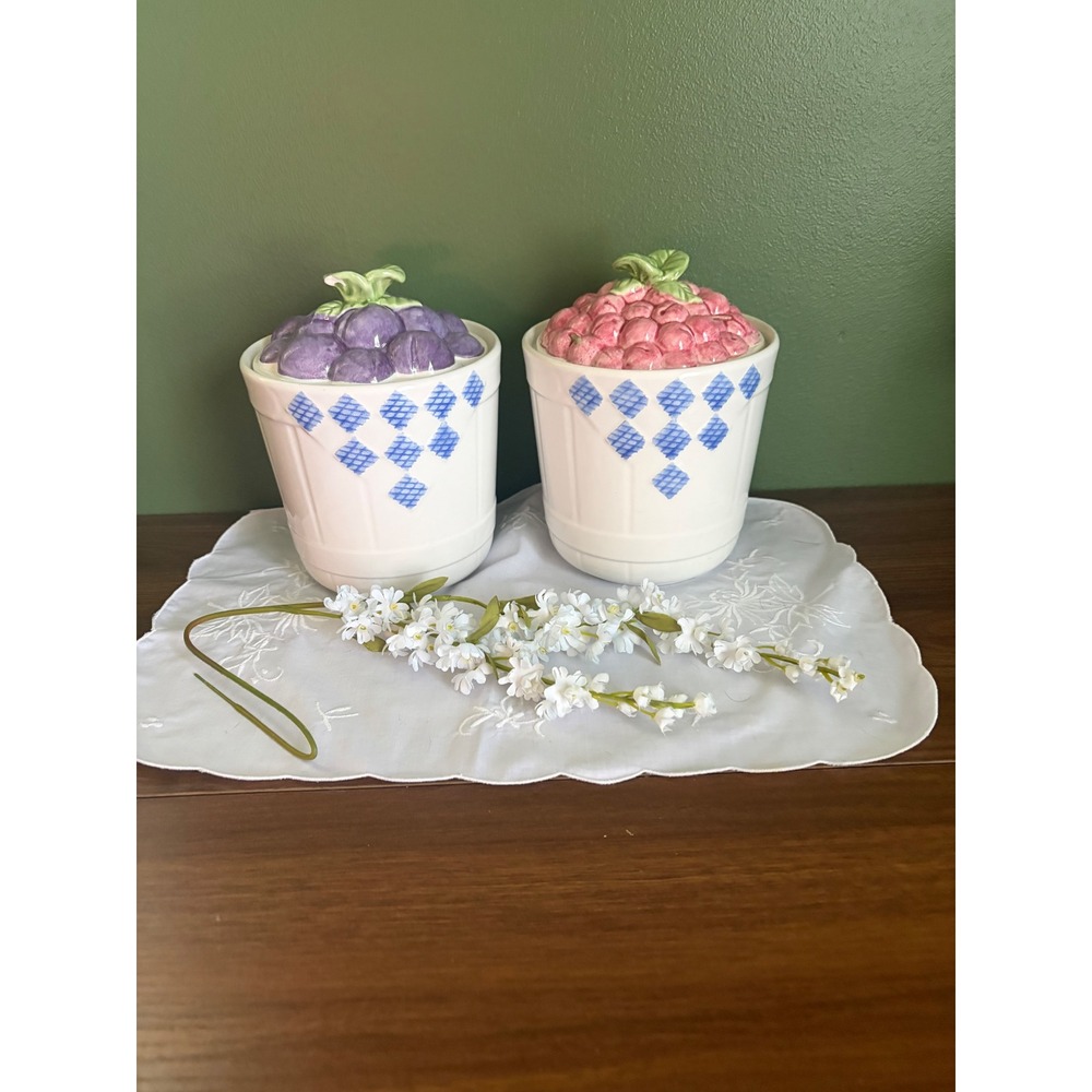 Vintage Treasure Craft Ceramic Fruit Canister Set Plums and Cherries